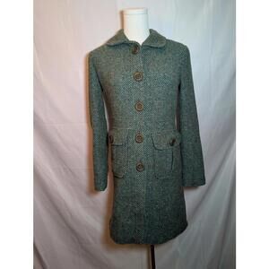 Vintage Frenchi Women's Small Green Tweed Button-Up Long Tailored with Pockets